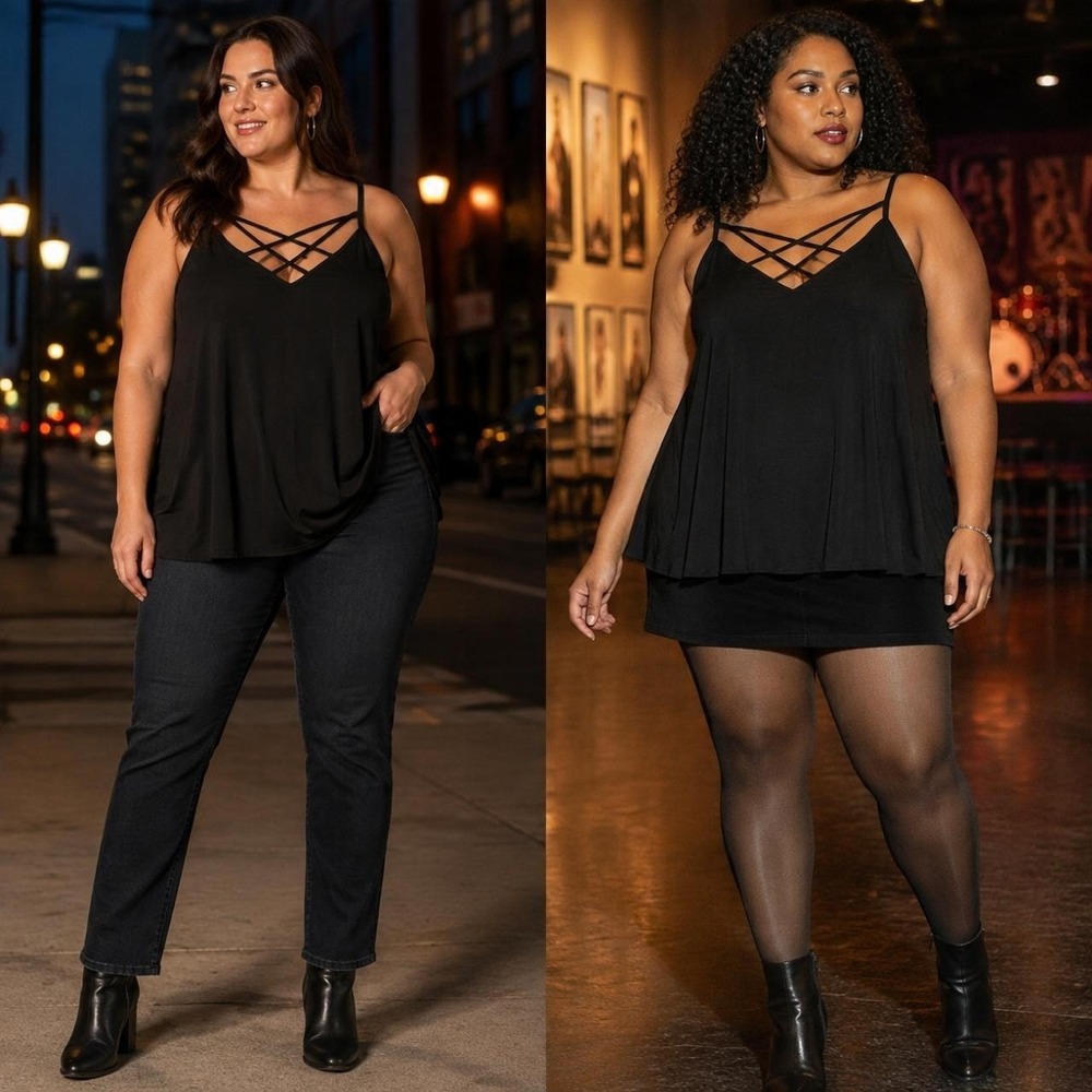 Torrid Women's 2 Top Black Chiffon Swing Lattice Tank Strappy Lattice Neck Goth
